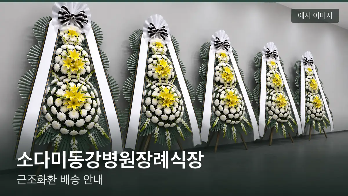 소다미동강병원장례식장 근조화환 예시 이미지 — 흰 국화 3단 근조화환이 벽을 따라 나란히 놓인 모습