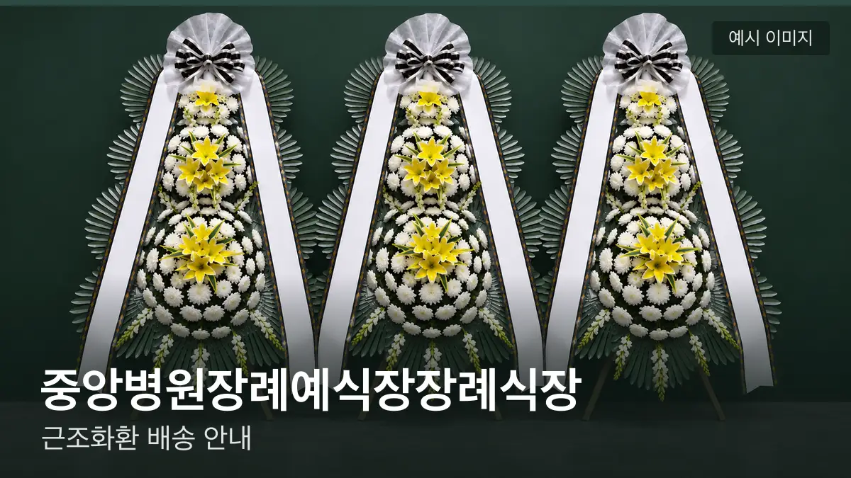 중앙병원장례예식장장례식장 근조화환 예시 이미지 — 흰 국화 3단 근조화환이 벽을 따라 나란히 놓인 모습