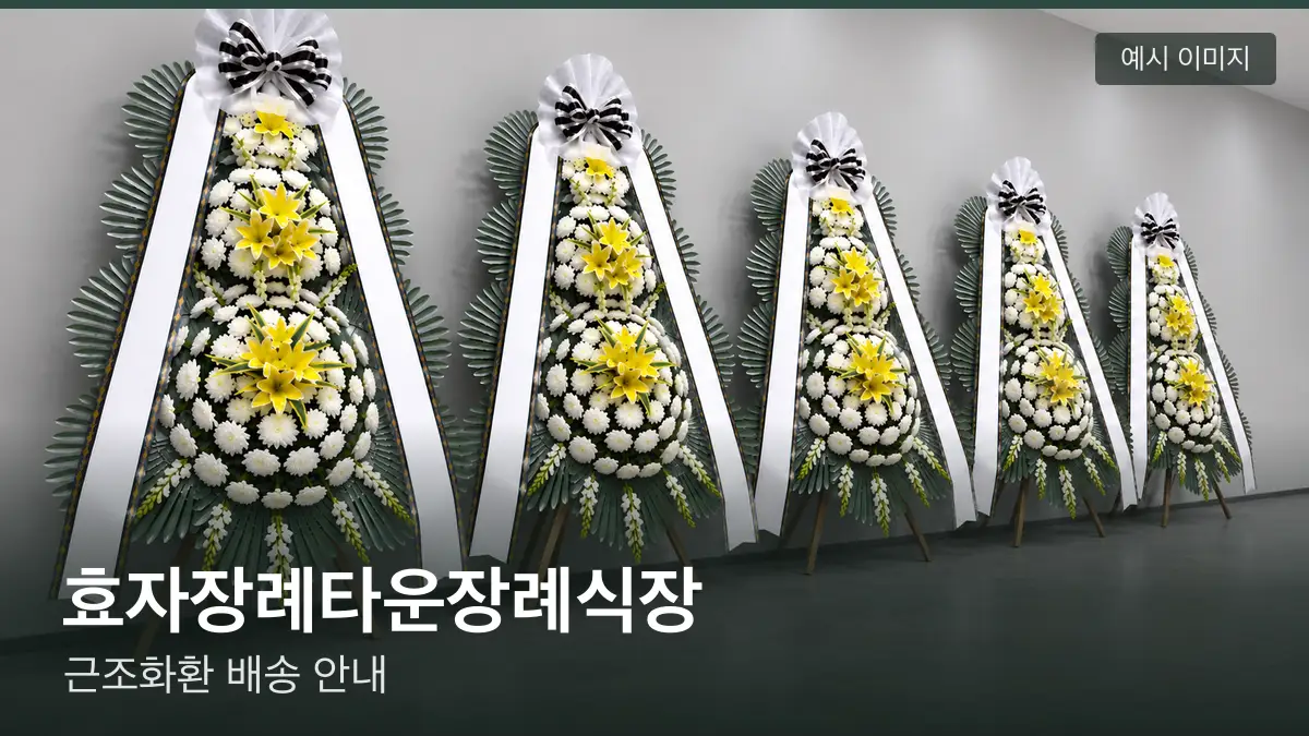 효자장례타운장례식장 근조화환 예시 이미지 — 흰 국화 3단 근조화환이 벽을 따라 나란히 놓인 모습