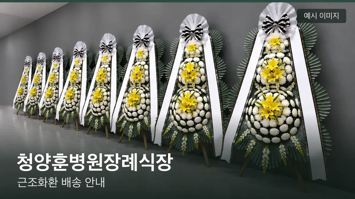 청양훈병원장례식장 근조화환 예시 이미지 — 흰 국화 3단 근조화환이 벽을 따라 나란히 놓인 모습