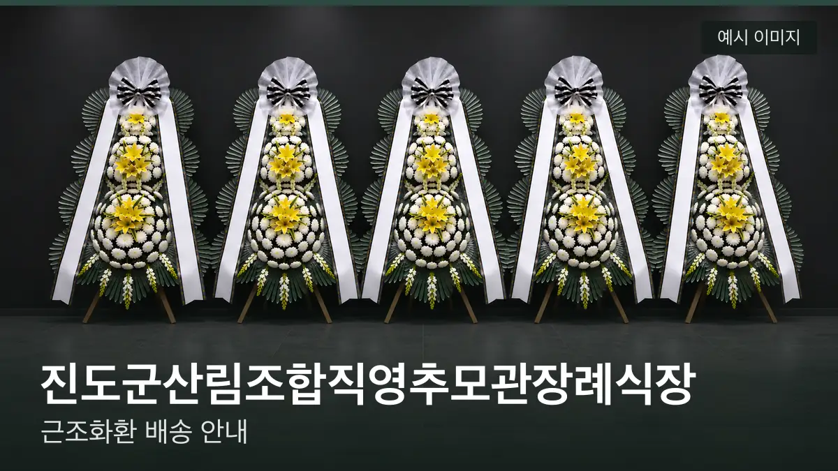 진도군산림조합직영추모관장례식장 근조화환 예시 이미지 — 흰 국화 3단 근조화환이 벽을 따라 나란히 놓인 모습