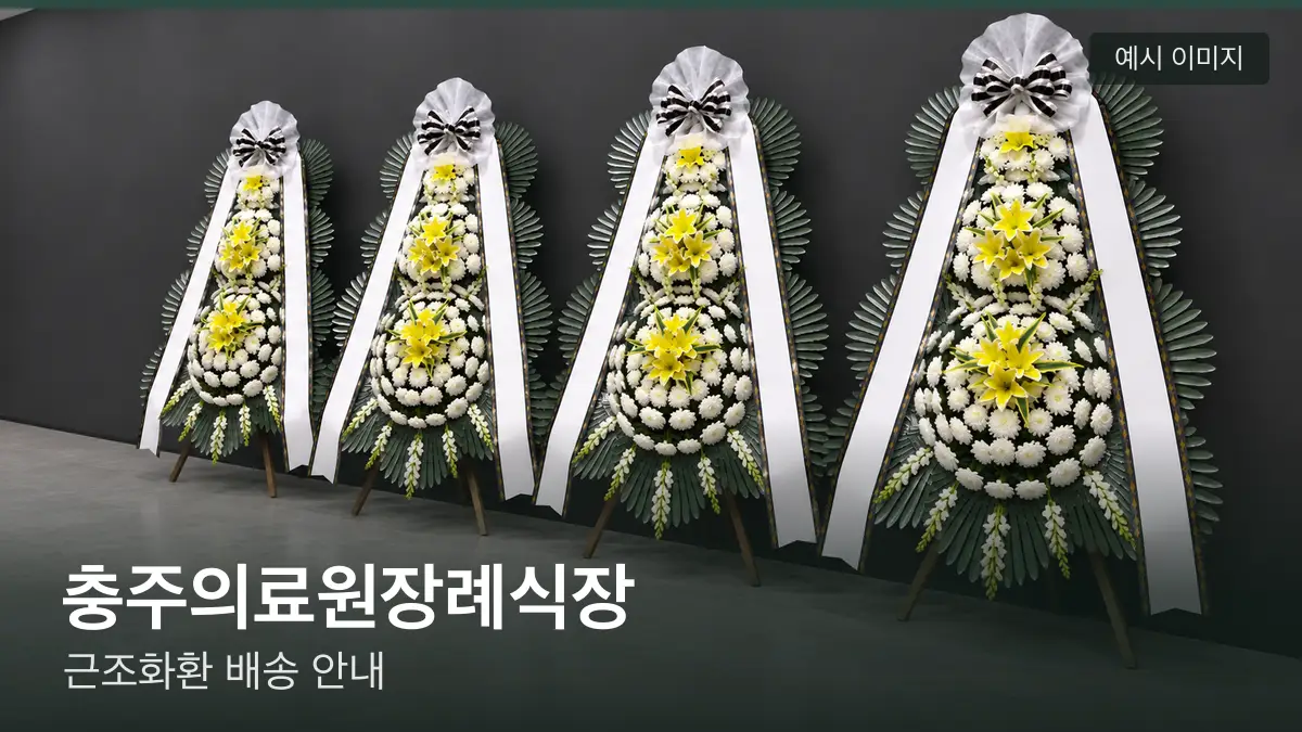 충주의료원장례식장 근조화환 예시 이미지 — 흰 국화 3단 근조화환이 벽을 따라 나란히 놓인 모습