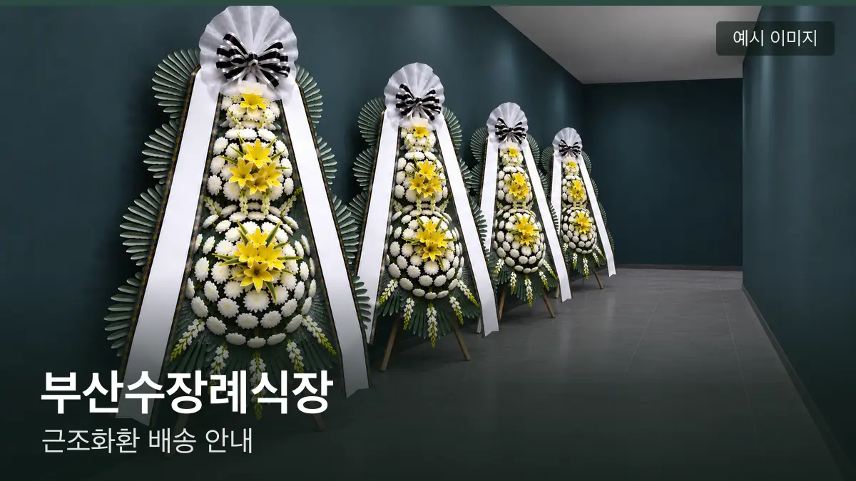 부산수장례식장 근조화환 예시 이미지 — 흰 국화 3단 근조화환이 벽을 따라 나란히 놓인 모습