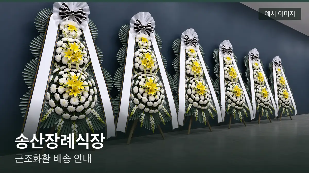 송산장례식장 근조화환 예시 이미지 — 흰 국화 3단 근조화환이 벽을 따라 나란히 놓인 모습