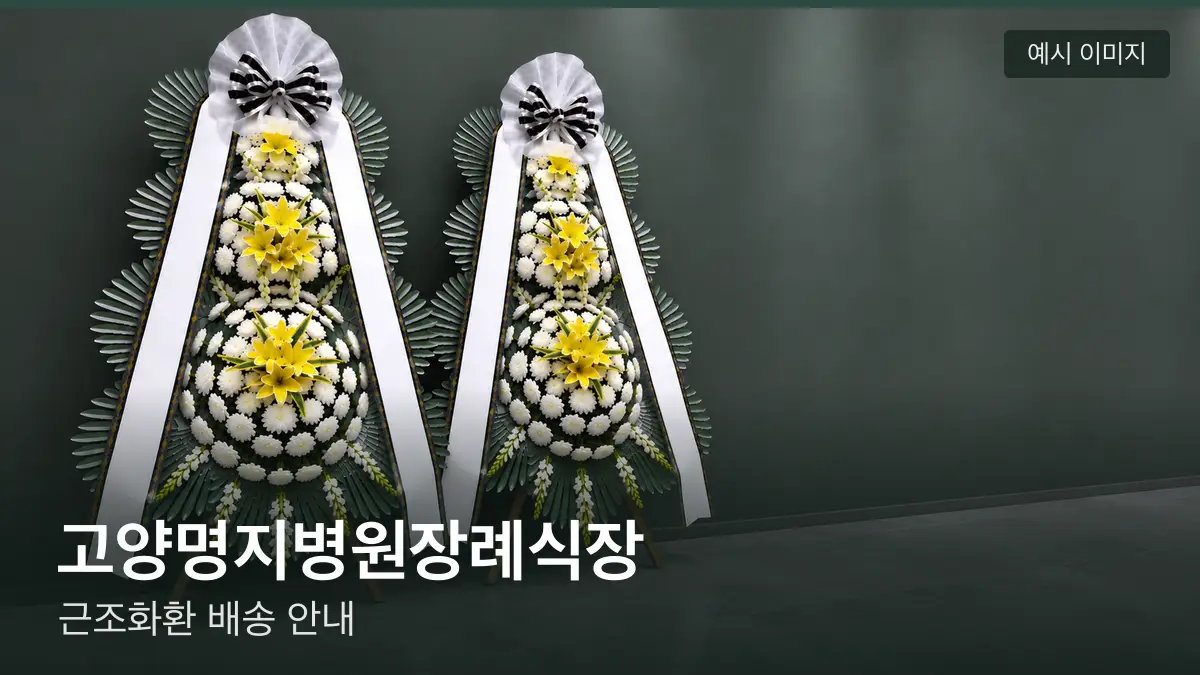 고양명지병원장례식장 근조화환 예시 이미지 — 흰 국화 3단 근조화환이 벽을 따라 나란히 놓인 모습