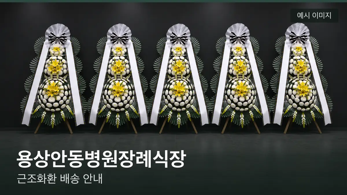 용상안동병원장례식장 근조화환 예시 이미지 — 흰 국화 3단 근조화환이 벽을 따라 나란히 놓인 모습