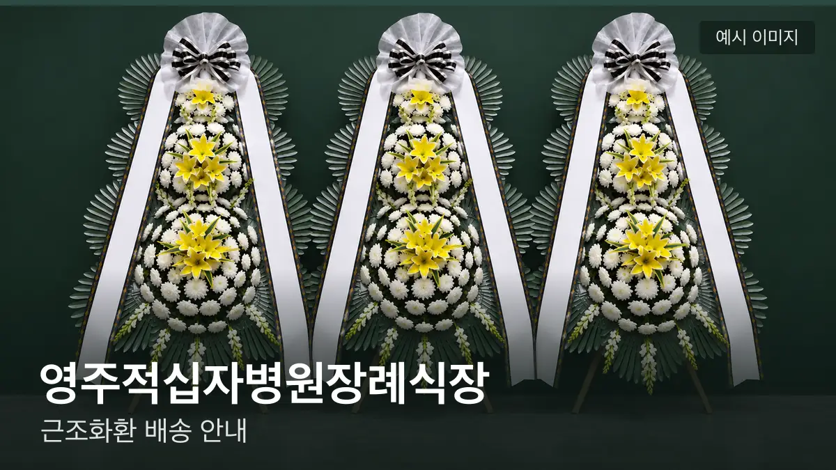 영주적십자병원장례식장 근조화환 예시 이미지 — 흰 국화 3단 근조화환이 벽을 따라 나란히 놓인 모습