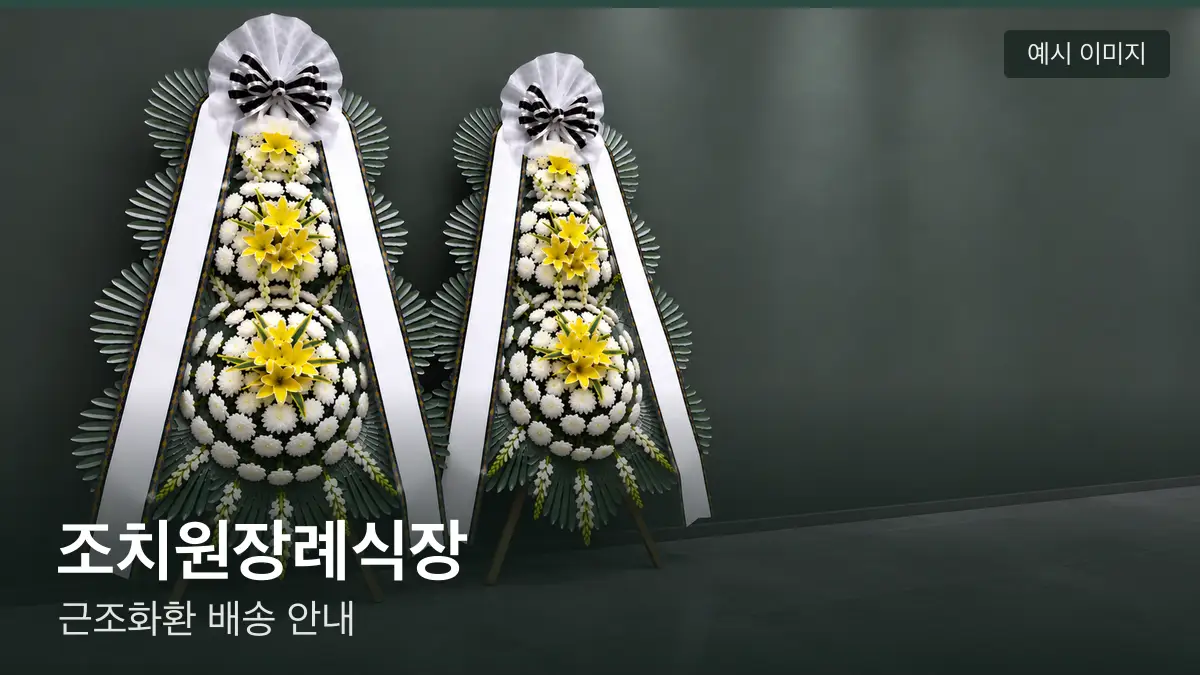 조치원장례식장 근조화환 예시 이미지 — 흰 국화 3단 근조화환이 벽을 따라 나란히 놓인 모습