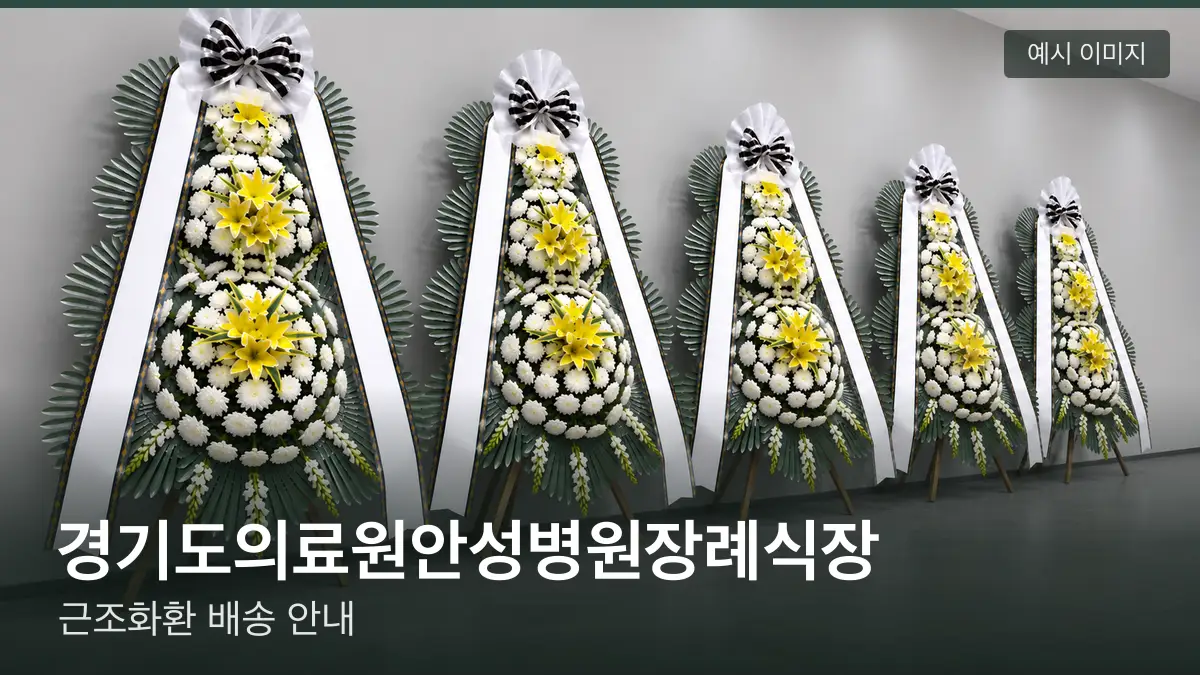 경기도의료원안성병원장례식장 근조화환 예시 이미지 — 흰 국화 3단 근조화환이 벽을 따라 나란히 놓인 모습