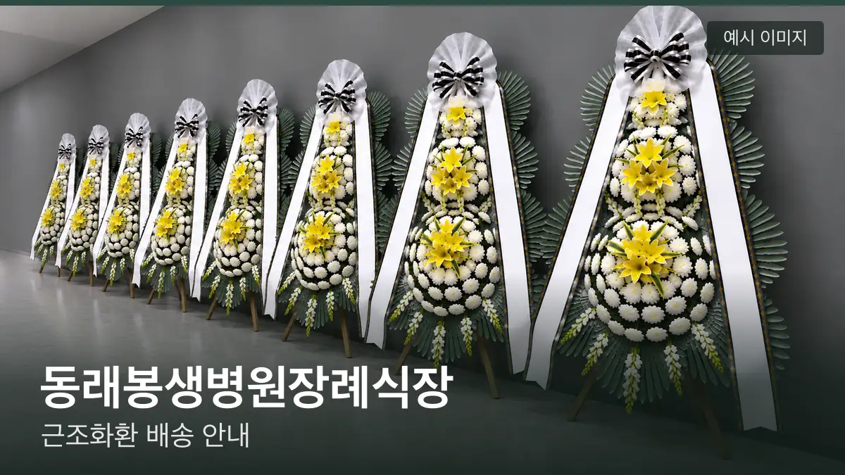 동래봉생병원장례식장 근조화환 예시 이미지 — 흰 국화 3단 근조화환이 벽을 따라 나란히 놓인 모습