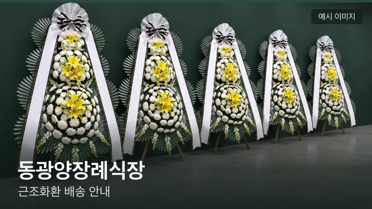 동광양장례식장 근조화환 예시 이미지 — 흰 국화 3단 근조화환이 벽을 따라 나란히 놓인 모습