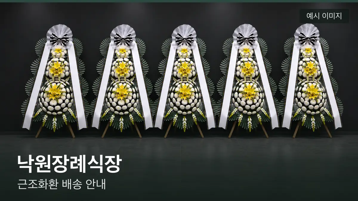 낙원장례식장 근조화환 예시 이미지 — 흰 국화 3단 근조화환이 벽을 따라 나란히 놓인 모습