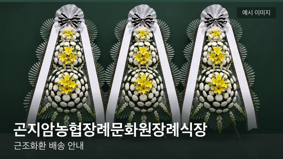 곤지암농협장례문화원장례식장 근조화환 예시 이미지 — 흰 국화 3단 근조화환이 벽을 따라 나란히 놓인 모습