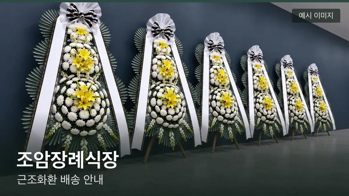 조암장례식장 근조화환 예시 이미지 — 흰 국화 3단 근조화환이 벽을 따라 나란히 놓인 모습