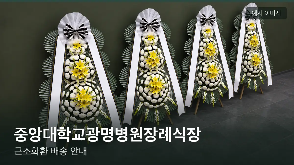 중앙대학교광명병원장례식장 근조화환 예시 이미지 — 흰 국화 3단 근조화환이 벽을 따라 나란히 놓인 모습