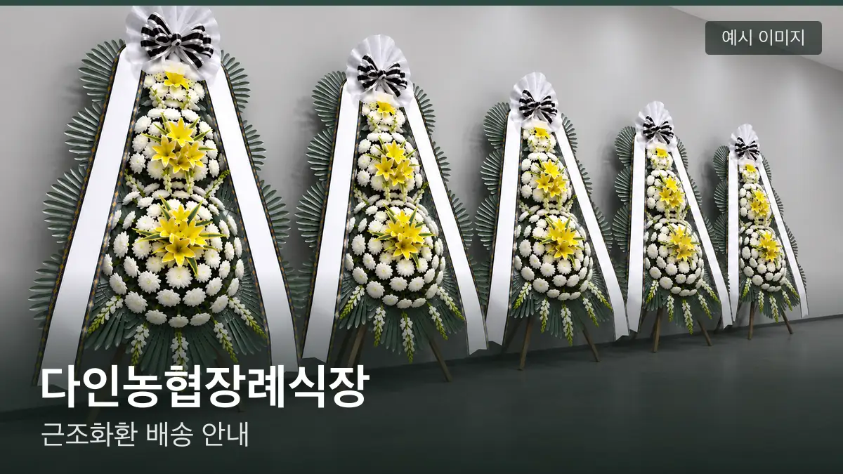 다인농협장례식장 근조화환 예시 이미지 — 흰 국화 3단 근조화환이 벽을 따라 나란히 놓인 모습