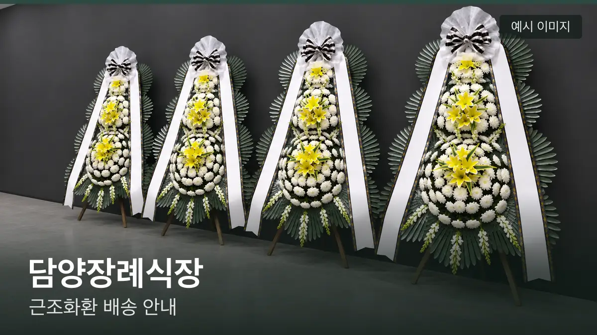 담양장례식장 근조화환 예시 이미지 — 흰 국화 3단 근조화환이 벽을 따라 나란히 놓인 모습
