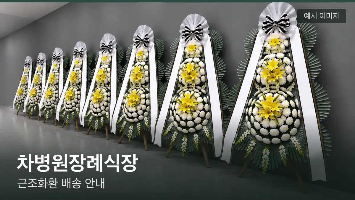 차병원장례식장 근조화환 예시 이미지 — 흰 국화 3단 근조화환이 벽을 따라 나란히 놓인 모습