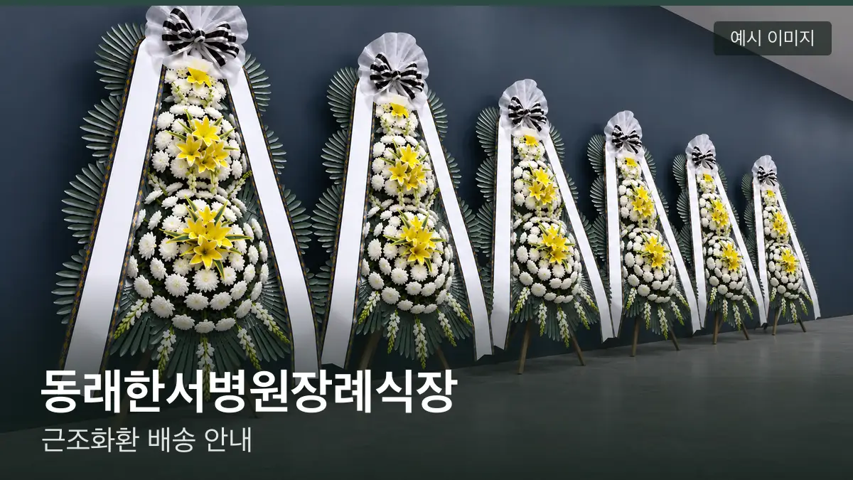 동래한서병원장례식장 근조화환 예시 이미지 — 흰 국화 3단 근조화환이 벽을 따라 나란히 놓인 모습