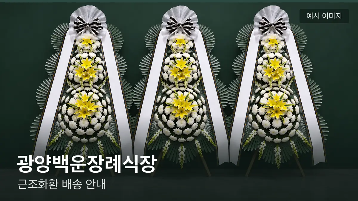 광양백운장례식장 근조화환 예시 이미지 — 흰 국화 3단 근조화환이 벽을 따라 나란히 놓인 모습