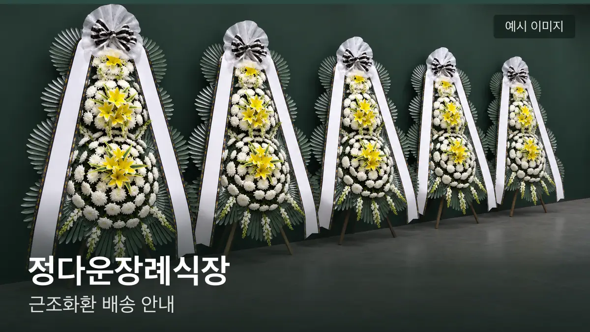 정다운장례식장 근조화환 예시 이미지 — 흰 국화 3단 근조화환이 벽을 따라 나란히 놓인 모습