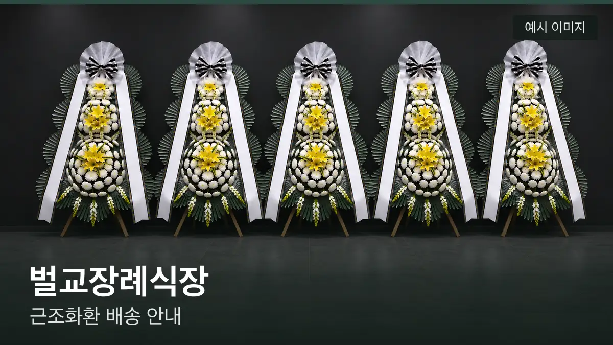 벌교장례식장 근조화환 예시 이미지 — 흰 국화 3단 근조화환이 벽을 따라 나란히 놓인 모습