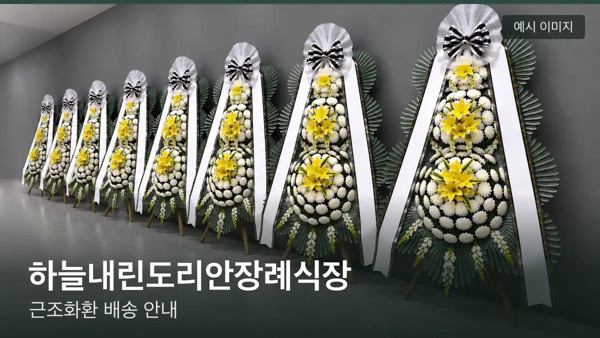 하늘내린도리안장례식장 근조화환 예시 이미지 — 흰 국화 3단 근조화환이 벽을 따라 나란히 놓인 모습