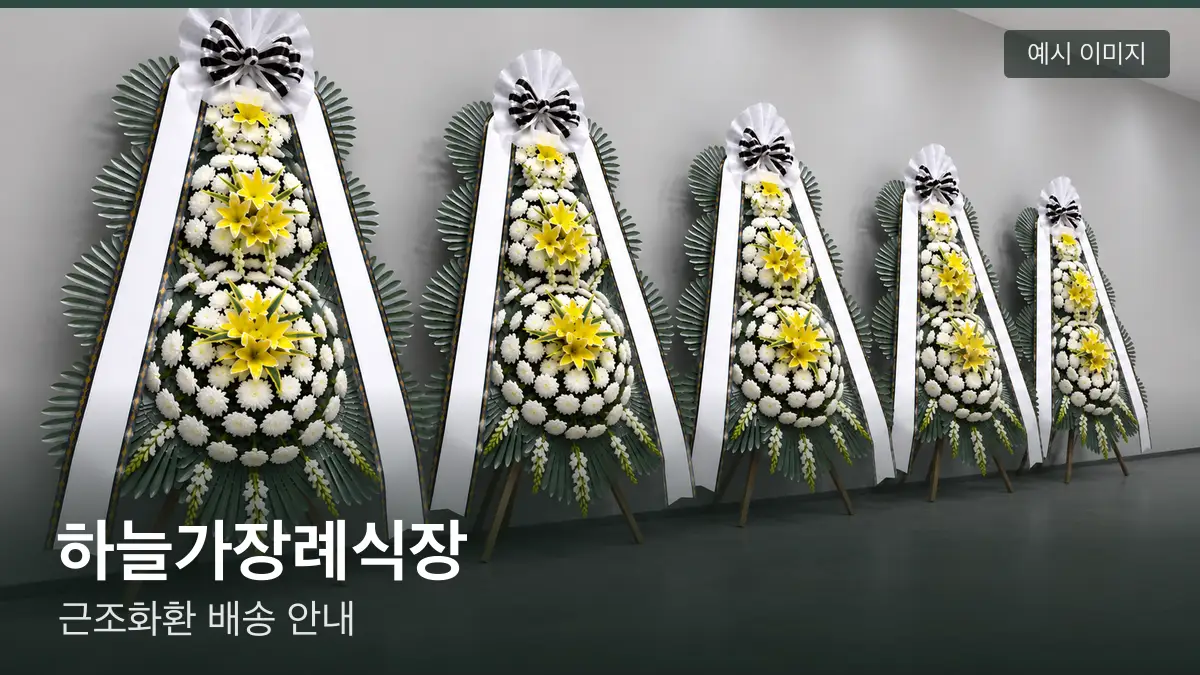 하늘가장례식장 근조화환 예시 이미지 — 흰 국화 3단 근조화환이 벽을 따라 나란히 놓인 모습