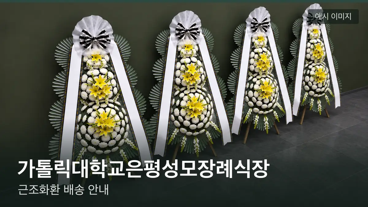 가톨릭대학교은평성모장례식장 근조화환 예시 이미지 — 흰 국화 3단 근조화환이 벽을 따라 나란히 놓인 모습