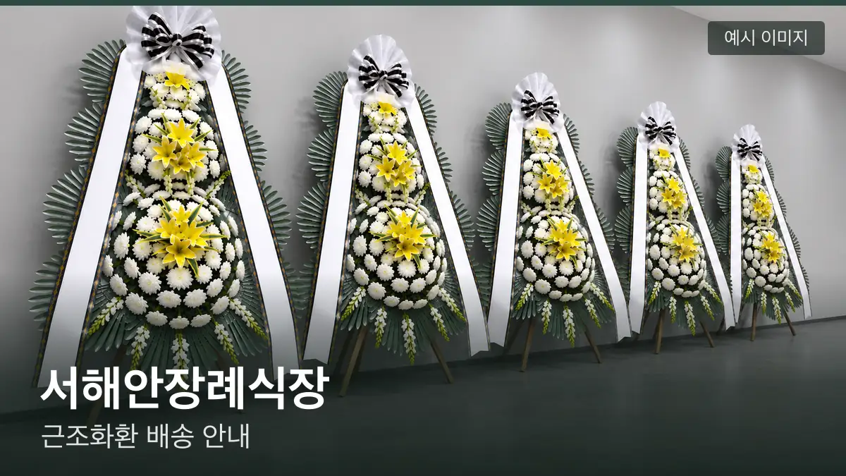 서해안장례식장 근조화환 예시 이미지 — 흰 국화 3단 근조화환이 벽을 따라 나란히 놓인 모습