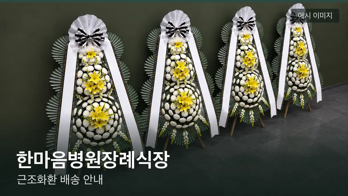 한마음병원장례식장 근조화환 예시 이미지 — 흰 국화 3단 근조화환이 벽을 따라 나란히 놓인 모습