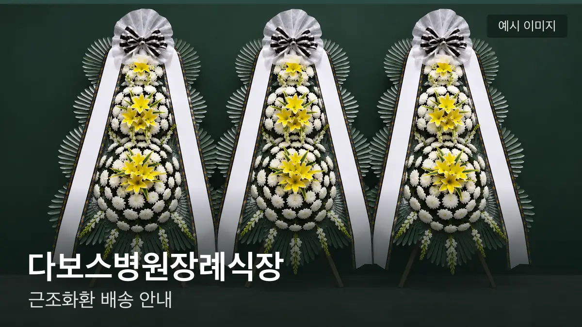 다보스병원장례식장 근조화환 예시 이미지 — 흰 국화 3단 근조화환이 벽을 따라 나란히 놓인 모습