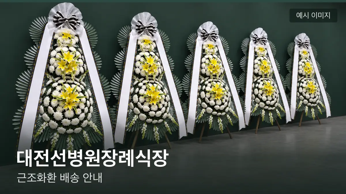 대전선병원장례식장 근조화환 예시 이미지 — 흰 국화 3단 근조화환이 벽을 따라 나란히 놓인 모습