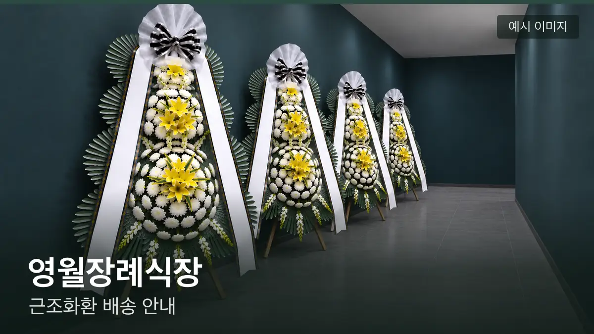 영월장례식장 근조화환 예시 이미지 — 흰 국화 3단 근조화환이 벽을 따라 나란히 놓인 모습
