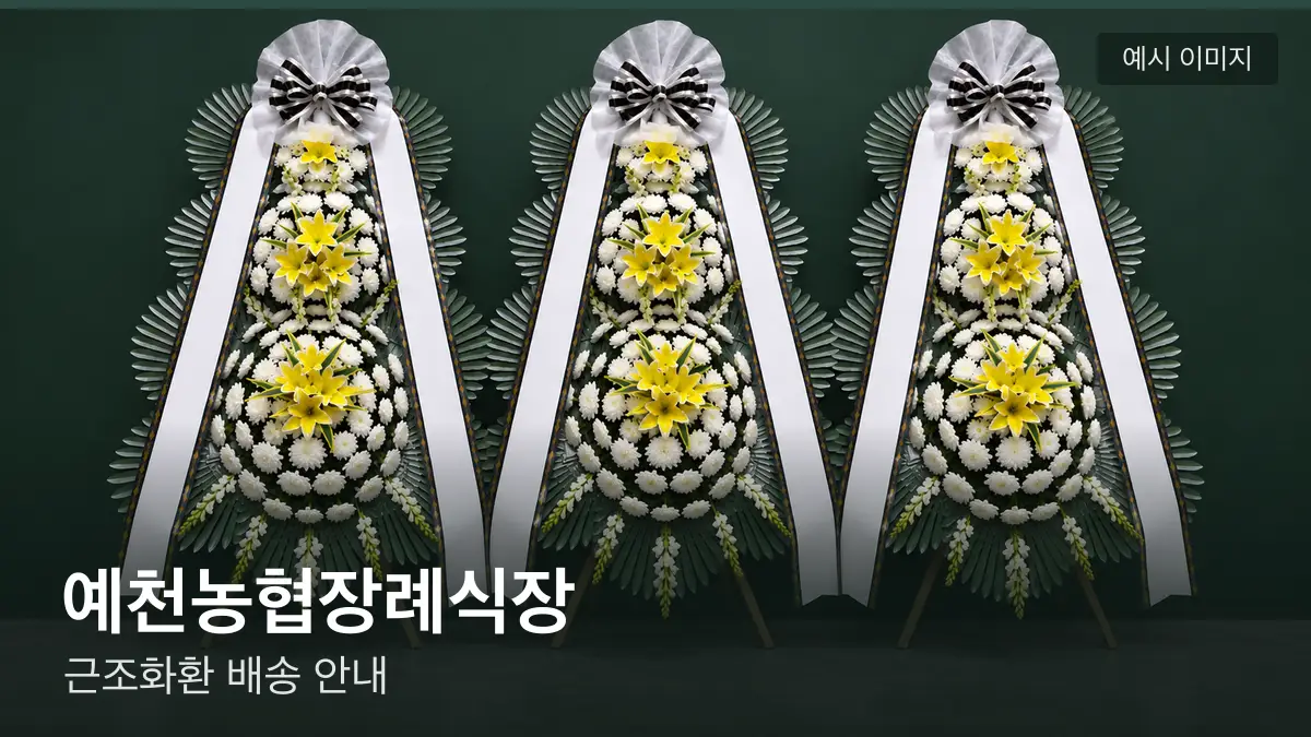 예천농협장례식장 근조화환 예시 이미지 — 흰 국화 3단 근조화환이 벽을 따라 나란히 놓인 모습