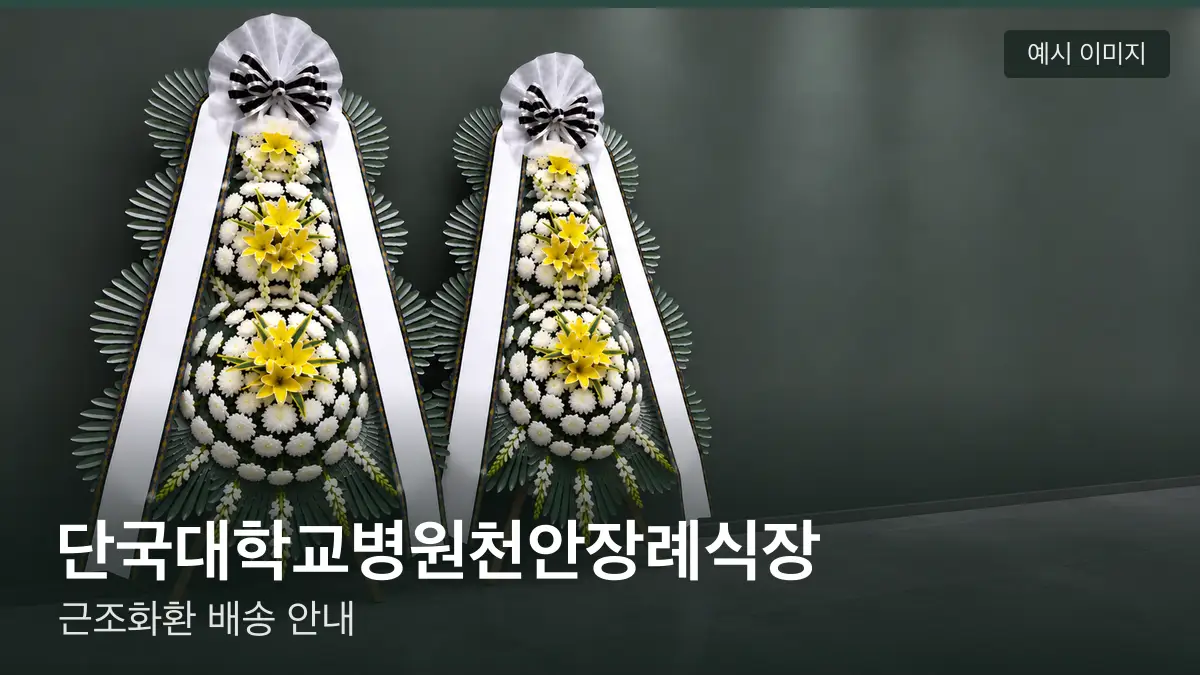 단국대학교병원천안장례식장 근조화환 예시 이미지 — 흰 국화 3단 근조화환이 벽을 따라 나란히 놓인 모습