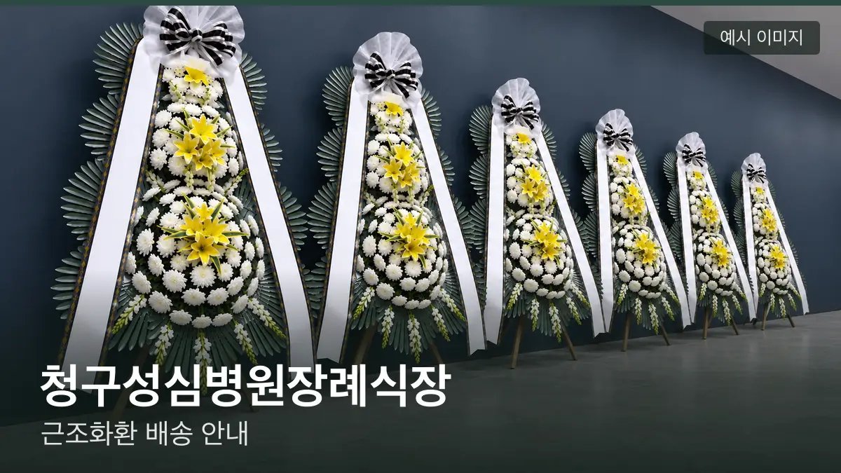청구성심병원장례식장 근조화환 예시 이미지 — 흰 국화 3단 근조화환이 벽을 따라 나란히 놓인 모습
