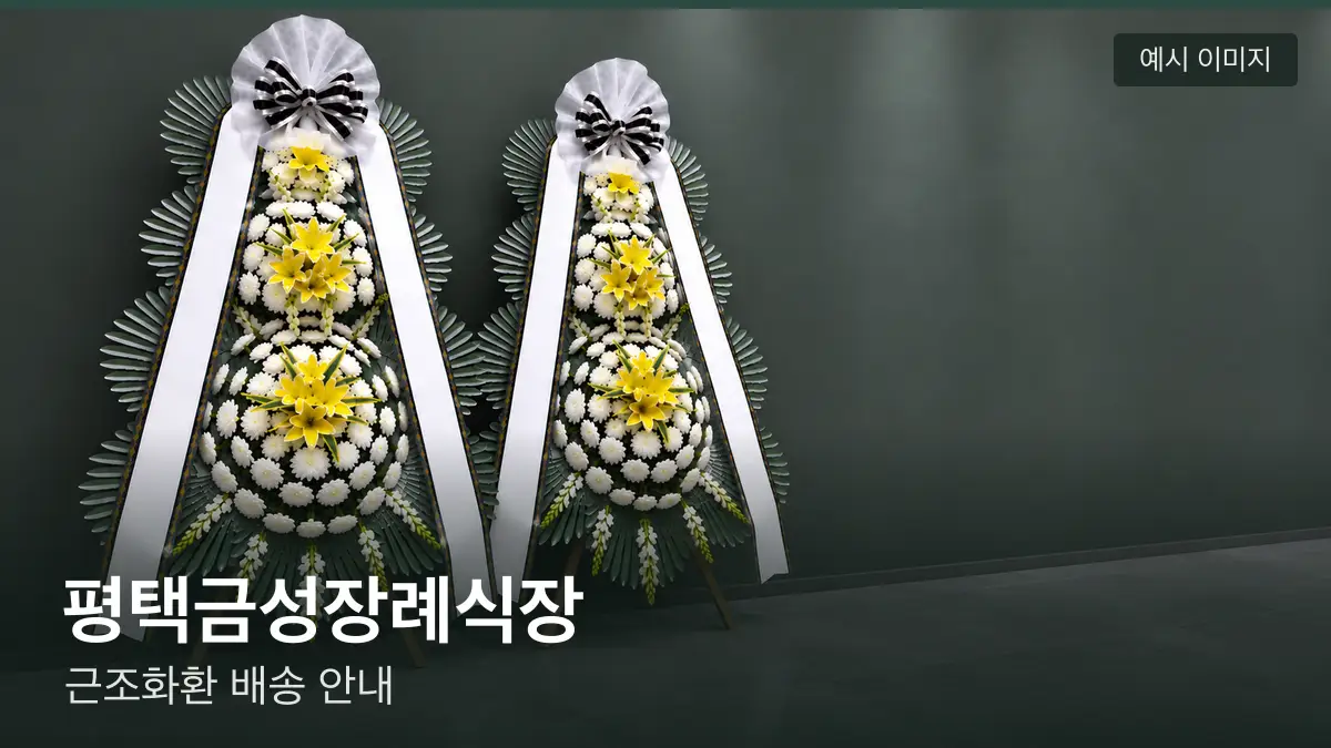 평택금성장례식장 근조화환 예시 이미지 — 흰 국화 3단 근조화환이 벽을 따라 나란히 놓인 모습
