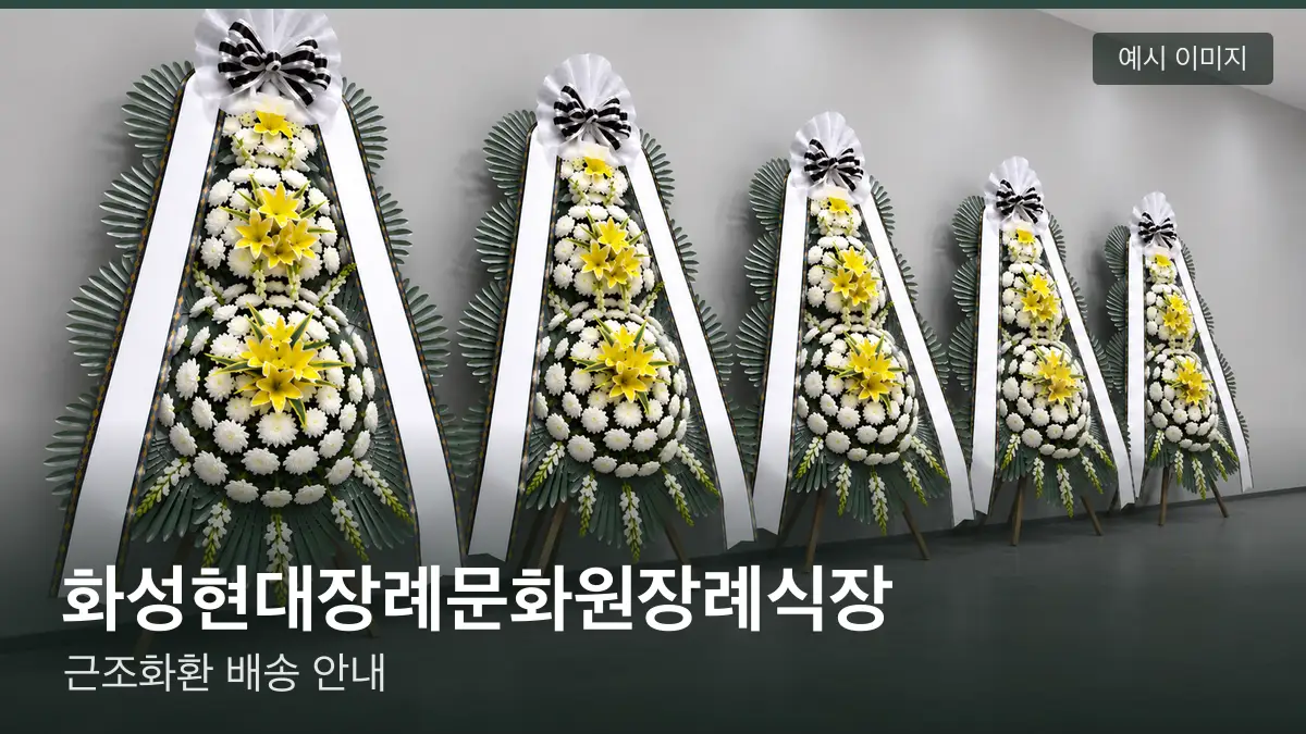 화성현대장례문화원장례식장 근조화환 예시 이미지 — 흰 국화 3단 근조화환이 벽을 따라 나란히 놓인 모습