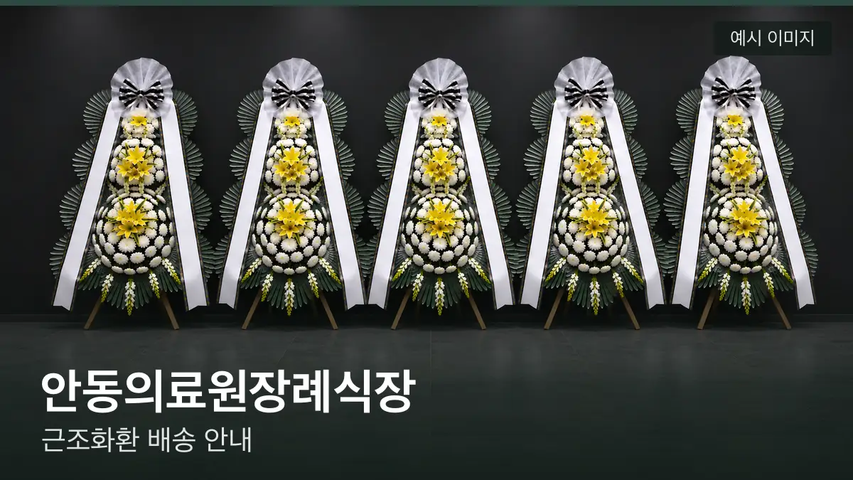 안동의료원장례식장 근조화환 예시 이미지 — 흰 국화 3단 근조화환이 벽을 따라 나란히 놓인 모습