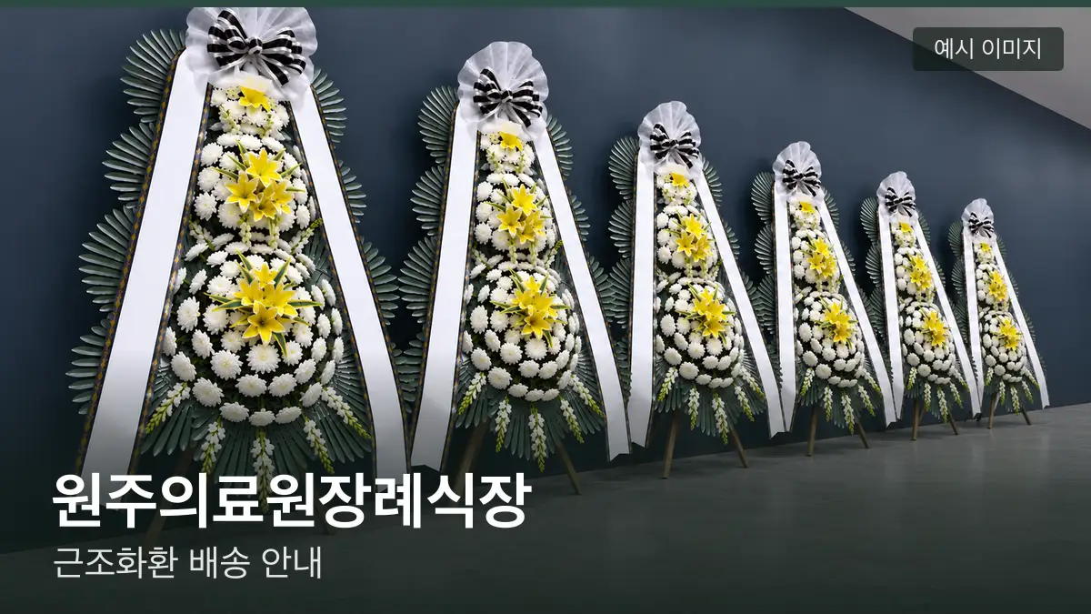원주의료원장례식장 근조화환 예시 이미지 — 흰 국화 3단 근조화환이 벽을 따라 나란히 놓인 모습